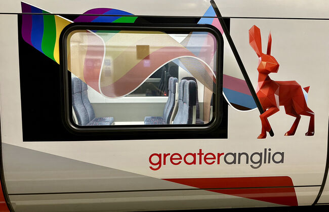 Greater Anglia pride train 710506 at Meridian Water p2 August 2023 06