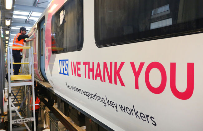 Thameslink train carriage carrying a thank you graphic for the NHS