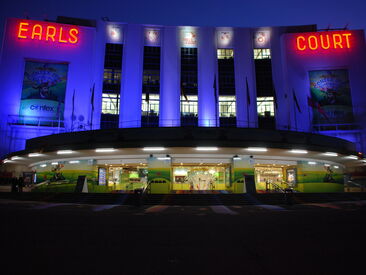Night shot of Earl's Court Arena lit up